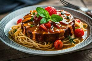 uma prato com espaguete e carne em topo. gerado por IA foto