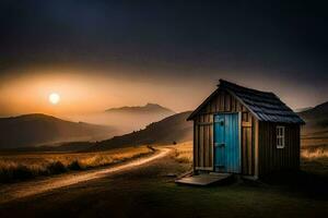 uma pequeno cabana senta em uma sujeira estrada dentro a meio do uma campo. gerado por IA foto