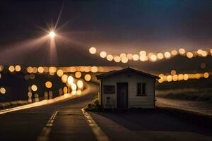 uma pequeno casa senta em a lado do a estrada às noite. gerado por IA foto