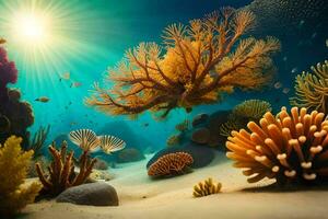 foto papel de parede mar, coral, a sol, a oceano, a sol, a oceano, o. gerado por IA