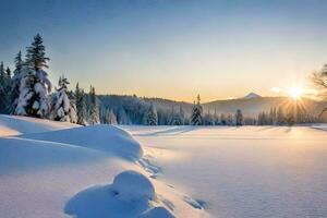 neve coberto árvores e a Sol configuração sobre uma Nevado campo. gerado por IA foto