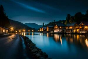 foto papel de parede a noite, lago, casas, a montanhas, a luzes, a luzes, o. gerado por IA