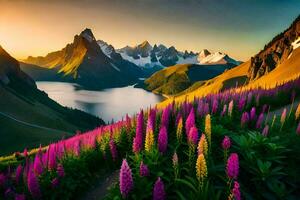 a Sol sobe sobre a montanhas e a flores flor dentro a primeiro plano. gerado por IA foto