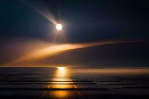 uma grandes exposição fotografia do a lua brilhando sobre a água. gerado por IA foto