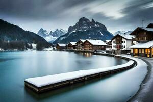 uma lago e uma linha do casas dentro a neve. gerado por IA foto