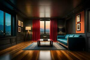 uma vivo quarto com uma azul sofá e de madeira chão. gerado por IA foto