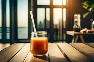 uma vidro do laranja suco em uma mesa dentro frente do uma janela. gerado por IA foto