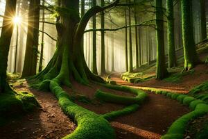 uma caminho através uma floresta com musgoso árvores gerado por IA foto