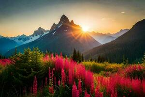 a Sol sobe sobre a montanhas e flores dentro a primeiro plano. gerado por IA foto