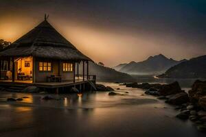uma cabana senta em a costa do uma lago às crepúsculo. gerado por IA foto