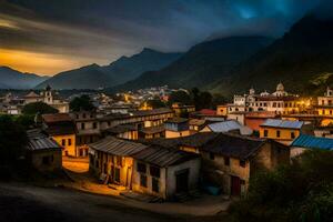 uma Vila dentro a montanhas às crepúsculo. gerado por IA foto