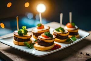 pequeno aperitivos em uma prato com palitos de dente. gerado por IA foto