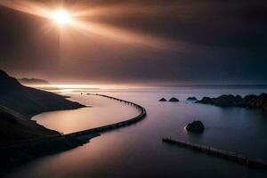 a Sol brilha sobre uma grandes ponte dentro a oceano. gerado por IA foto