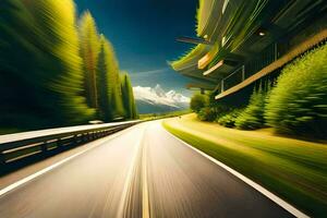 uma embaçado imagem do uma estrada com árvores e montanhas. gerado por IA foto