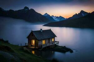 uma pequeno cabine senta em a costa do uma lago às crepúsculo. gerado por IA foto