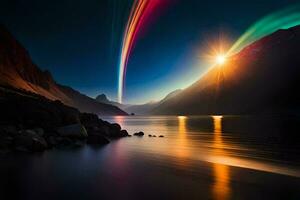 a aurora boreal é visto sobre uma lago. gerado por IA foto