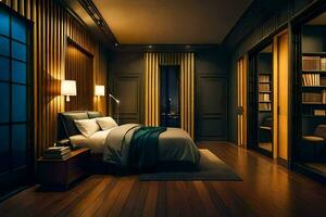 uma quarto com de madeira pavimentos e Sombrio paredes. gerado por IA foto