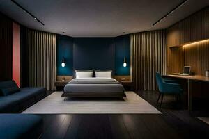 uma moderno hotel quarto com azul paredes e madeira andares. gerado por IA foto