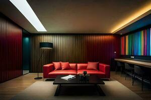 uma moderno vivo quarto com uma vermelho sofá e uma colorida muro. gerado por IA foto