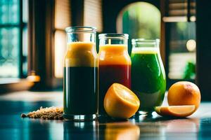 suco dentro vidro garrafas em uma mesa. gerado por IA foto