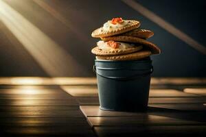 uma balde do biscoitos em uma mesa. gerado por IA foto