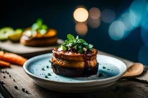 uma prato com uma pequeno peça do Comida em isto. gerado por IA foto