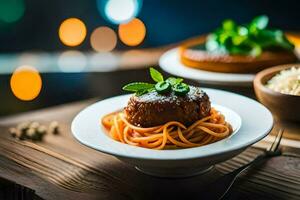 espaguete com carne molho e almôndegas em uma de madeira mesa. gerado por IA foto