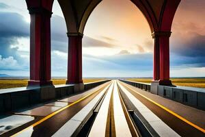 uma grandes ponte com arcos e uma pôr do sol. gerado por IA foto