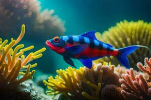 uma peixe com brilhante vermelho e azul listras é natação dentro a oceano. gerado por IA foto