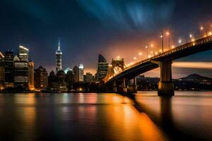 a cidade Horizonte às noite com luzes em a ponte. gerado por IA foto