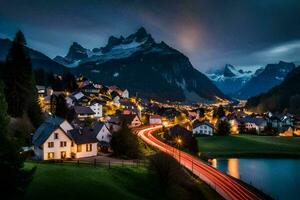 uma Cidade dentro a montanhas às noite. gerado por IA foto