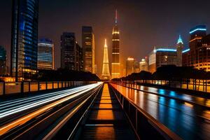 uma cidade às noite com luzes em a edifícios. gerado por IA foto