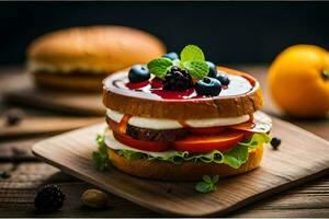 uma sanduíche com fruta e queijo em topo. gerado por IA foto