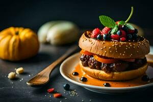 uma Hamburger com legumes e fruta em isto. gerado por IA foto