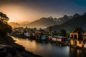 pôr do sol sobre a rio dentro Índia. gerado por IA foto