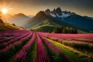 a Sol sobe sobre uma lavanda campo dentro a montanhas. gerado por IA foto