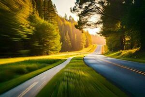 uma embaçado imagem do uma estrada dentro a madeiras. gerado por IA foto