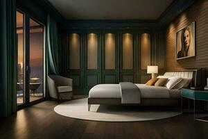 uma quarto com uma ampla cama e de madeira painéis. gerado por IA foto