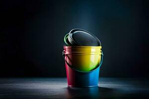 uma colorida balde com uma tampa em topo. gerado por IA foto