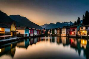 colorida casas em uma lago às pôr do sol. gerado por IA foto