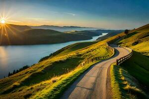 a estrada para a lago. gerado por IA foto