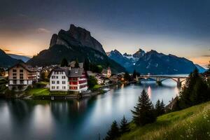 a Sol conjuntos sobre uma lago e montanhas dentro Suíça. gerado por IA foto