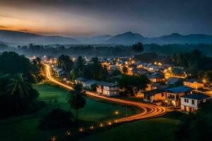 uma Vila às crepúsculo com luzes em a estrada. gerado por IA foto