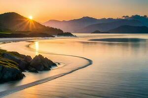 a Sol conjuntos sobre uma de praia e montanhas. gerado por IA foto