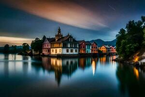 uma lindo noite cena com colorida casas em a água. gerado por IA foto