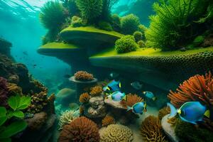 uma coral recife com peixe e de outros embaixo da agua plantas. gerado por IA foto