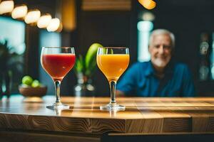 dois óculos do suco em uma mesa. gerado por IA foto