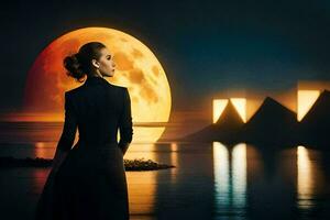 uma mulher dentro Preto vestir em pé dentro frente do a lua. gerado por IA foto
