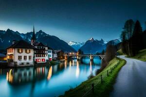 uma rio e casas dentro a montanhas às noite. gerado por IA foto