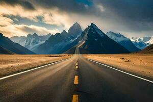 uma grandes estrada dentro a meio do uma deserto com montanhas dentro a fundo. gerado por IA foto